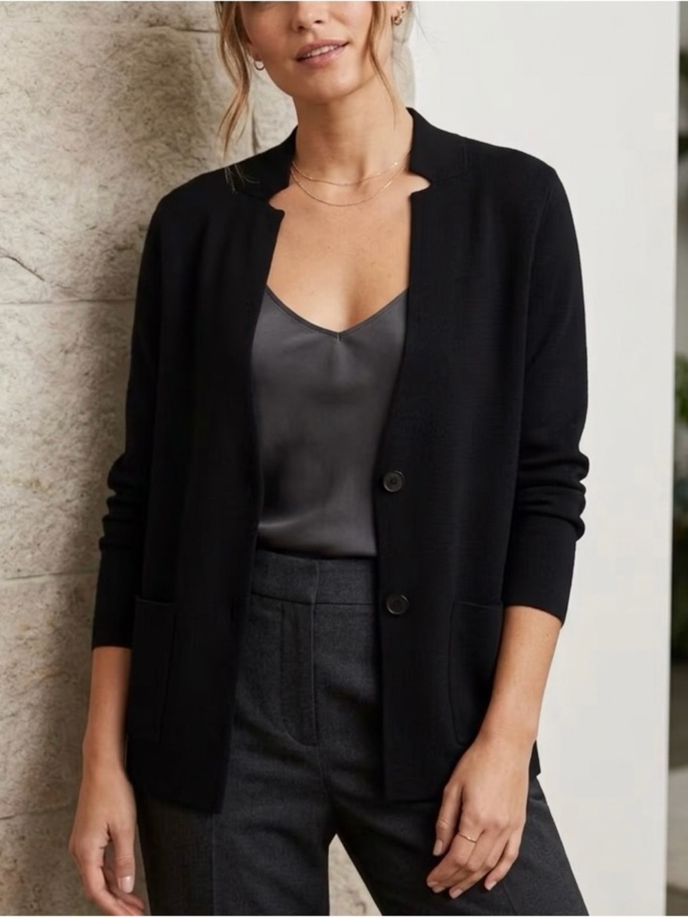Ladies Grace Karin Black V-Neck Two-Button Knit Blazer casual office Travel 1221